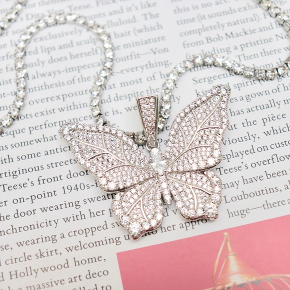 CZ Iced Butterfly Pendant w Gold Silver Iced Chain - Picture 2 of 10